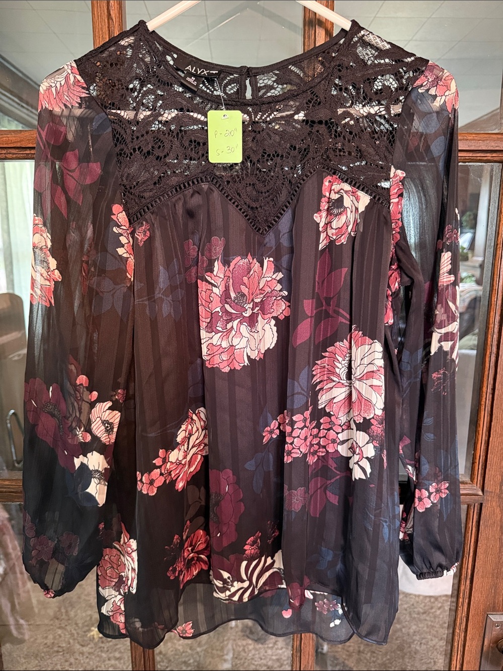 ALYX Black Sheer Floral Lace-Yoke Blouse with Pink & Cream Flowers